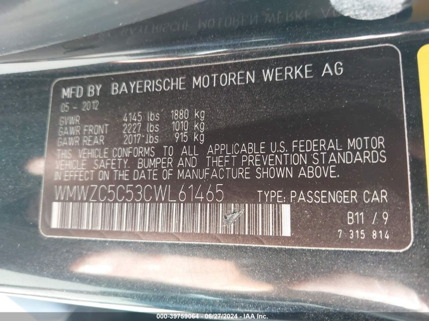 2012 Mini Cooper S Countryman VIN: WMWZC5C53CWL61465 Lot: 39759064