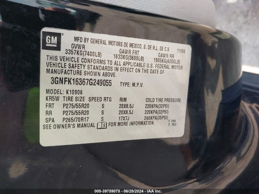 2007 Chevrolet Suburban 1500 Ltz VIN: 3GNFK16367G249055 Lot: 39759075