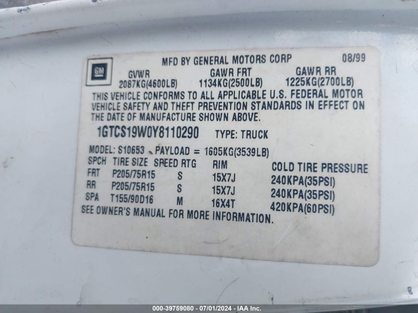 2000 GMC Sonoma Sls VIN: 1GTCS19W0Y8110290 Lot: 39759080