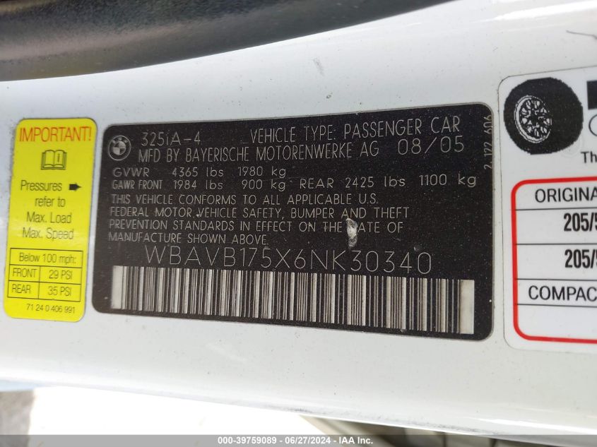 2006 BMW 325I VIN: WBAVB175X6NK30340 Lot: 39759089