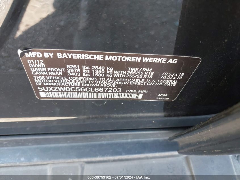 2012 BMW X5 xDrive35D VIN: 5UXZW0C56CL667203 Lot: 39759102