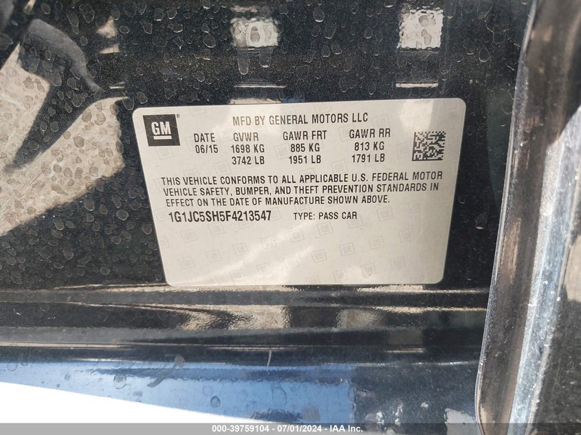 2015 Chevrolet Sonic Lt Auto VIN: 1G1JC5SH5F4213547 Lot: 39759104