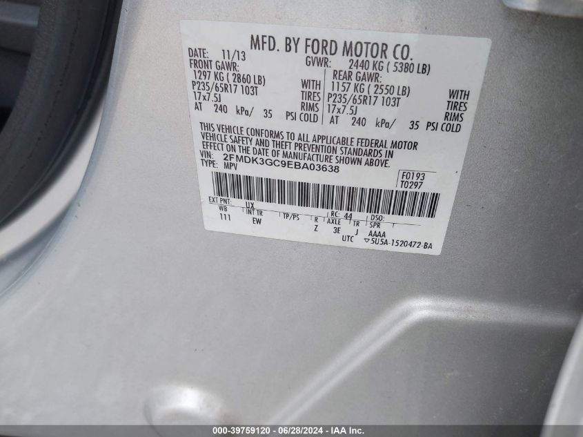 2014 Ford Edge Se VIN: 2FMDK3GC9EBA03638 Lot: 39759120