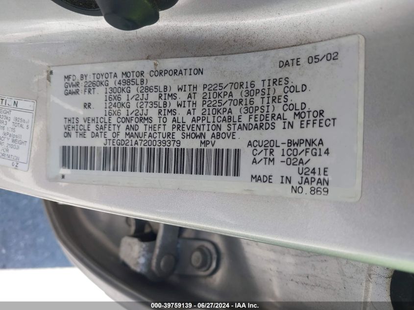 2002 Toyota Highlander VIN: JTEGD21A720039379 Lot: 39759139