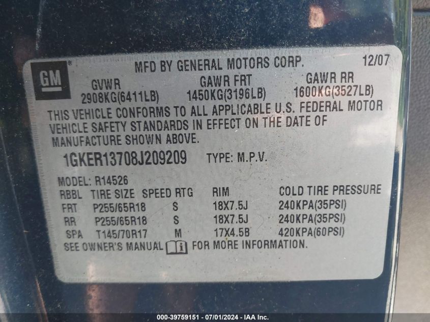 2008 GMC Acadia Sle-1 VIN: 1GKER13708J209209 Lot: 39759151