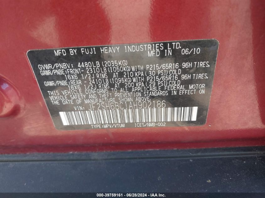 2010 Subaru Forester 2.5X VIN: JF2SH6BC1AH902186 Lot: 39759161