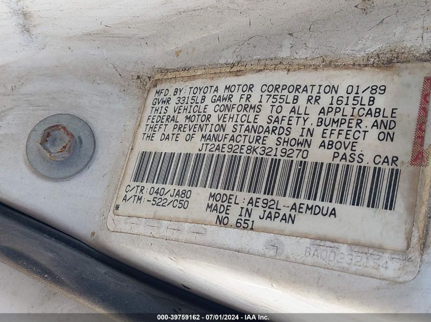 1989 Toyota Corolla Dlx VIN: JT2AE92E8K3219270 Lot: 39759162