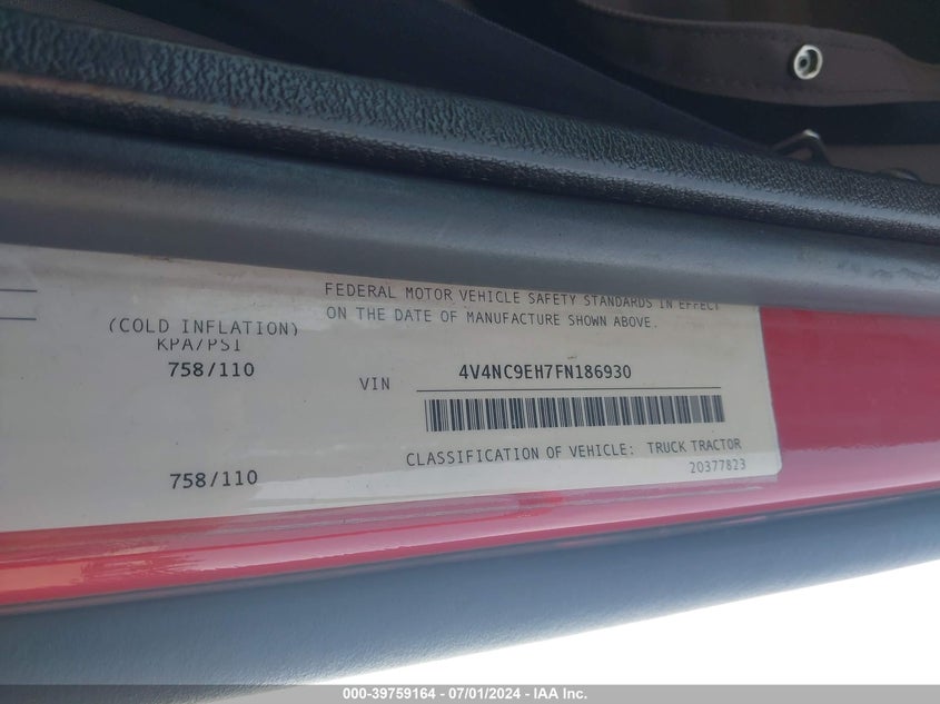 2015 Volvo Vn Vnl VIN: 4V4NC9EH7FN186930 Lot: 39759164