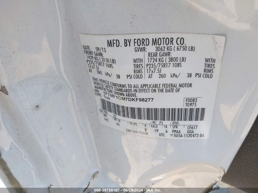 2013 Ford F-150 VIN: 1FTMF1CM7DKF98277 Lot: 39759167