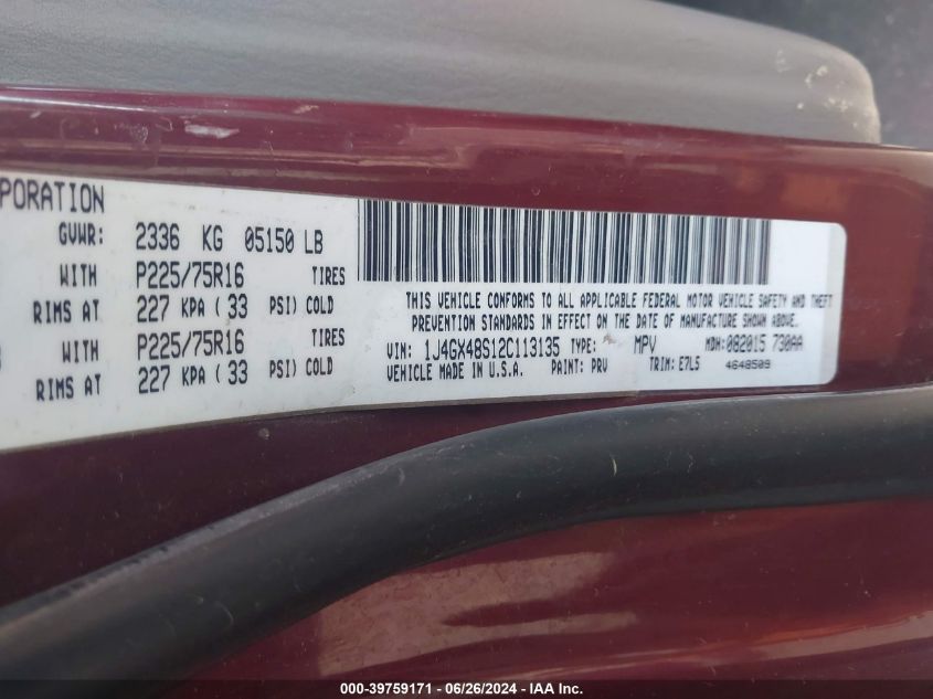 2002 Jeep Grand Cherokee Laredo VIN: 1J4GX48S12C113135 Lot: 39759171