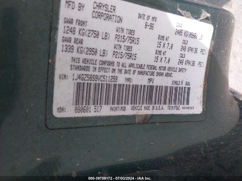 1997 Jeep Grand Cherokee Laredo/Tsi VIN: 1J4GZ58S9VC511259 Lot: 39759172
