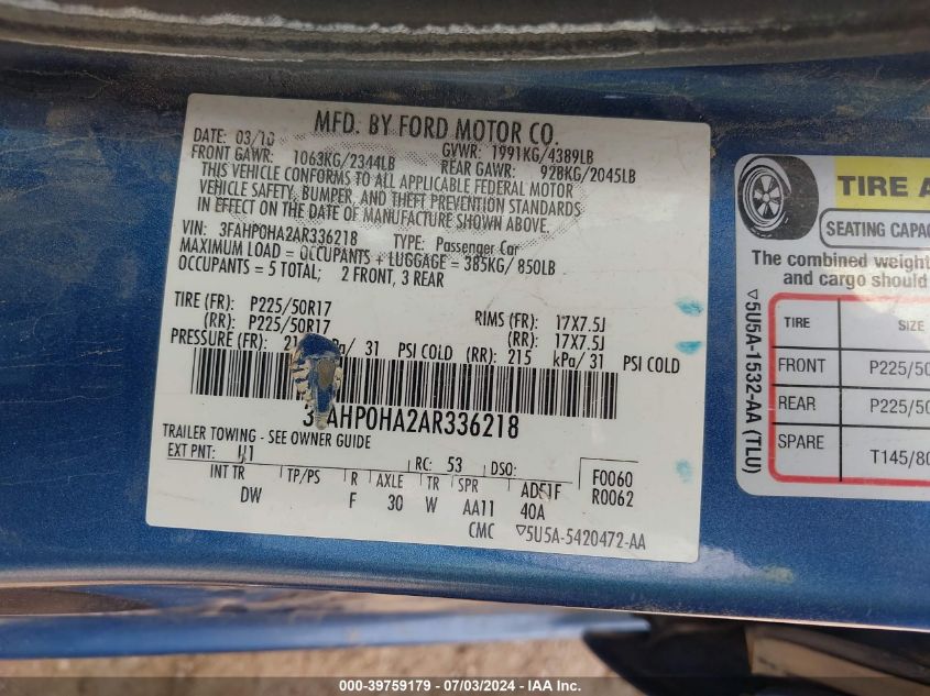 2010 Ford Fusion Se VIN: 3FAHP0HA2AR336218 Lot: 39759179