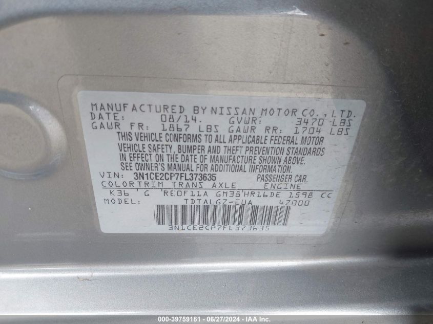 2015 Nissan Versa Note Sr VIN: 3N1CE2CP7FL373635 Lot: 39759181