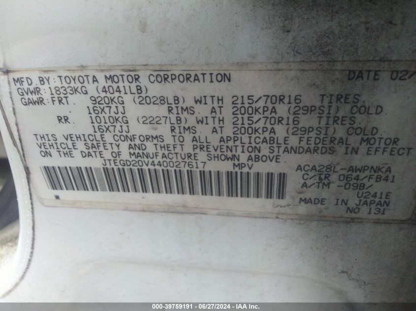 2004 Toyota Rav4 VIN: JTEGD20V440027617 Lot: 39759191