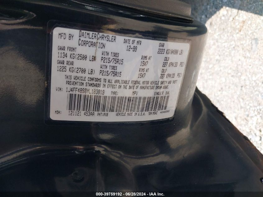 2000 Jeep Cherokee Sport VIN: 1J4FF48S8YL183819 Lot: 39759192