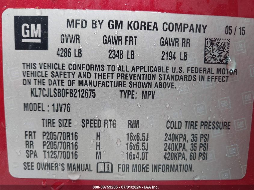 2015 Chevrolet Trax Lt VIN: KL7CJLSB0FB212675 Lot: 39759205