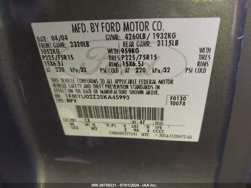 2005 Ford Escape Xls VIN: 1FMYU02Z35KA45993 Lot: 39759231