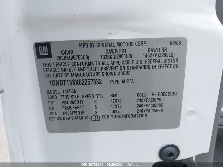 2008 Chevrolet Trailblazer Fleet VIN: 1GNDT13SX82257332 Lot: 39759278