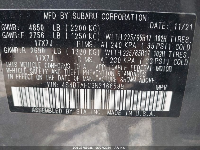 2022 Subaru Outback Premium VIN: 4S4BTAFC3N3166599 Lot: 39759286