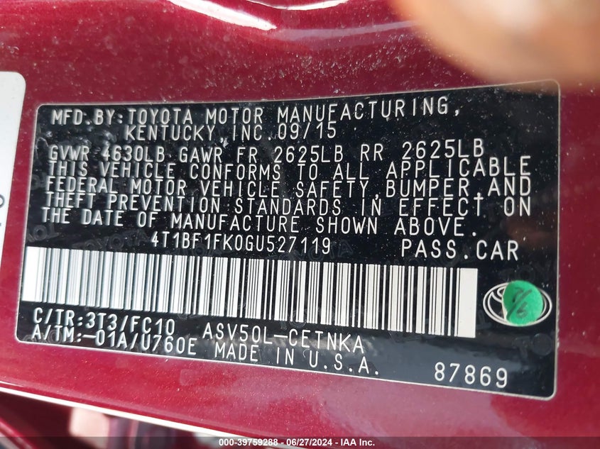 2016 Toyota Camry Le/Xle/Se/Xse VIN: 4T1BF1FK0GU527119 Lot: 39759288