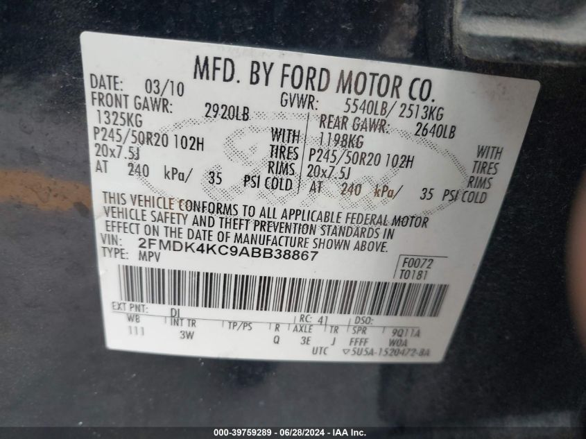 2010 Ford Edge Limited VIN: 2FMDK4KC9ABB38867 Lot: 39759289