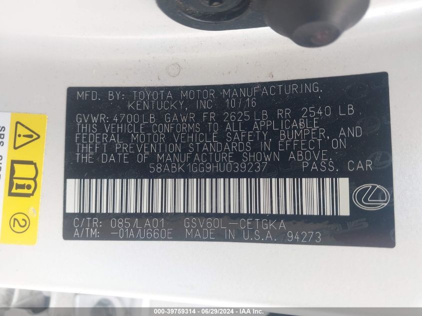 2017 Lexus Es 350 VIN: 58ABK1GG9HU039237 Lot: 39759314