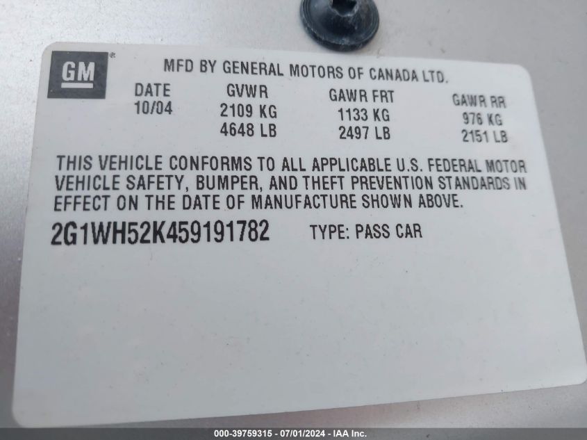 2005 Chevrolet Impala Ls VIN: 2G1WH52K459191782 Lot: 39759315
