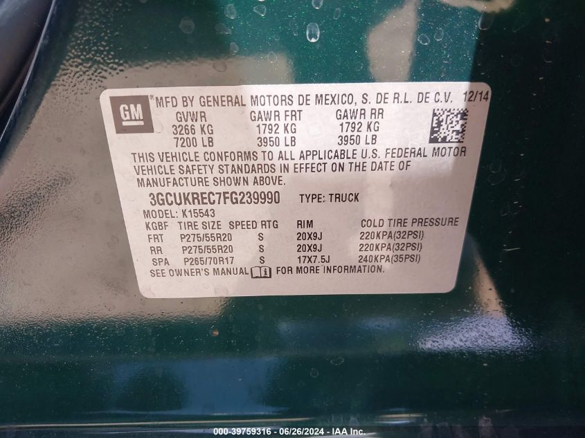 2015 Chevrolet Silverado 1500 1Lt VIN: 3GCUKREC7FG239990 Lot: 39759316