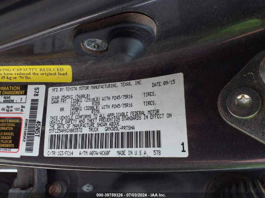 2016 Toyota Tacoma Dbl Cab/Sr/Sr5/Trd Spt/Or VIN: 5TFCZ5AN9GX003572 Lot: 39759326