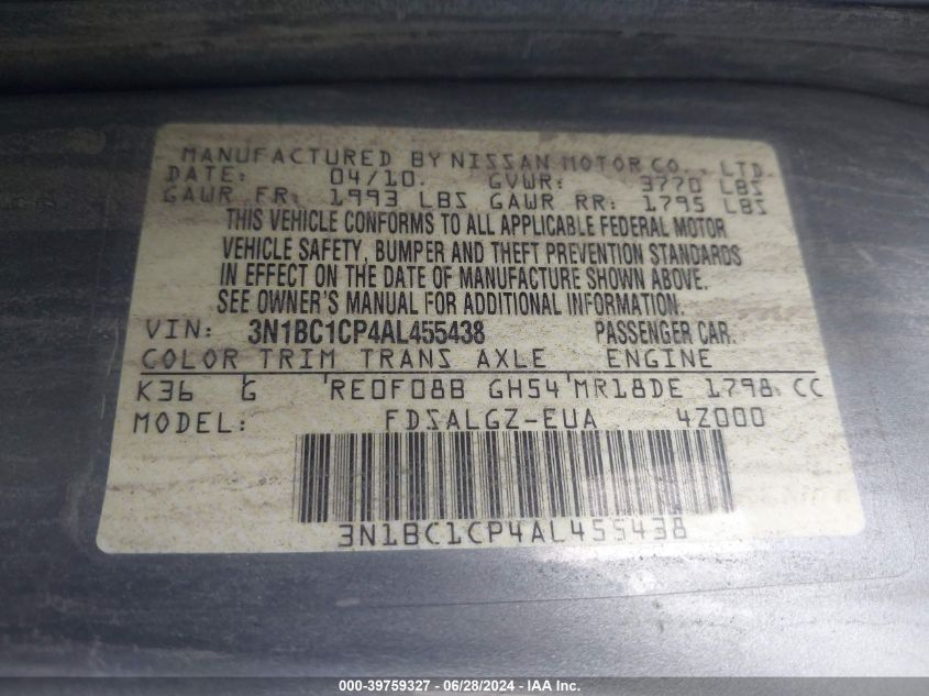 2010 Nissan Versa S/Sl VIN: 3N1BC1CP4AL455438 Lot: 39759327