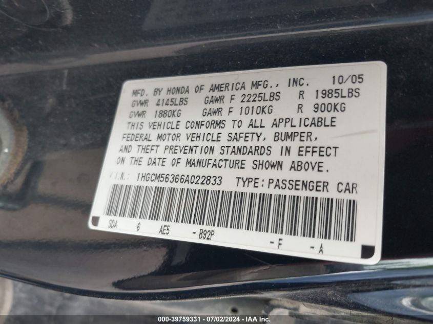 2006 Honda Accord 2.4 Se VIN: 1HGCM56366A022833 Lot: 39759331