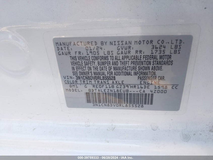 2024 Nissan Versa 1.6 S VIN: 3N1CN8DV0RL855528 Lot: 39759333