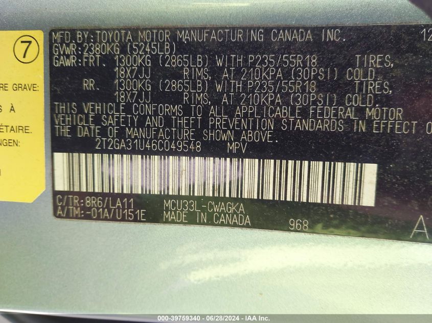 2006 Lexus Rx 330 VIN: 2T2GA31U46C049548 Lot: 39759340