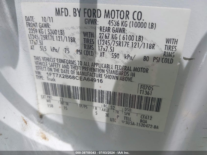 2012 Ford F-250 Super Duty VIN: 1FT7X2B68CEA64916 Lot: 39759343