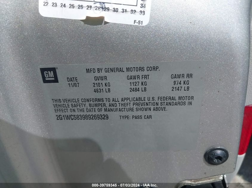 2008 Chevrolet Impala Lt VIN: 2G1WC583989269329 Lot: 39759345