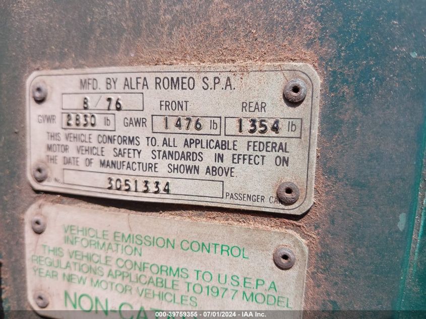 1977 Alfa Romeo Spider VIN: AR3051334 Lot: 39759355