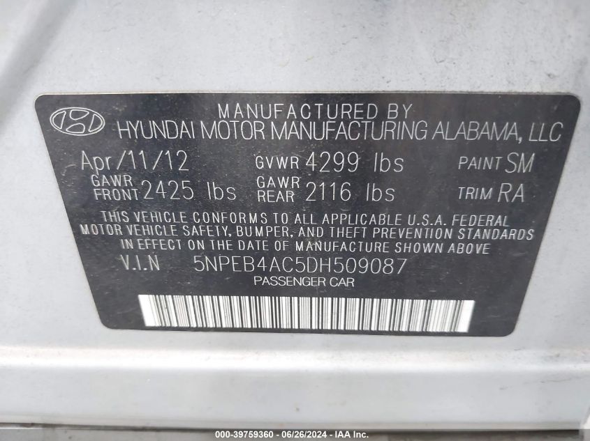 2013 Hyundai Sonata Gls VIN: 5NPEB4AC5DH509087 Lot: 39759360