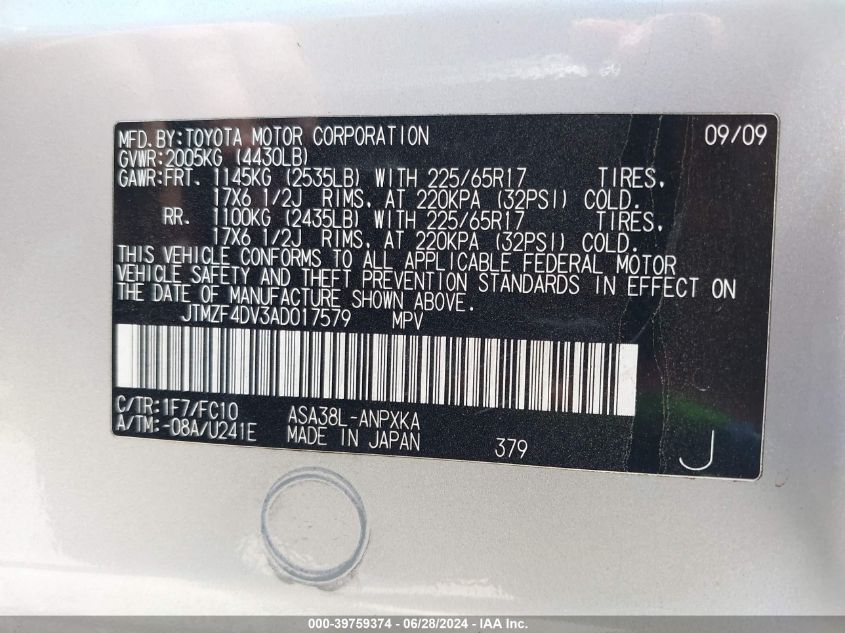 2010 Toyota Rav4 VIN: JTMZF4DV3AD017579 Lot: 39759374