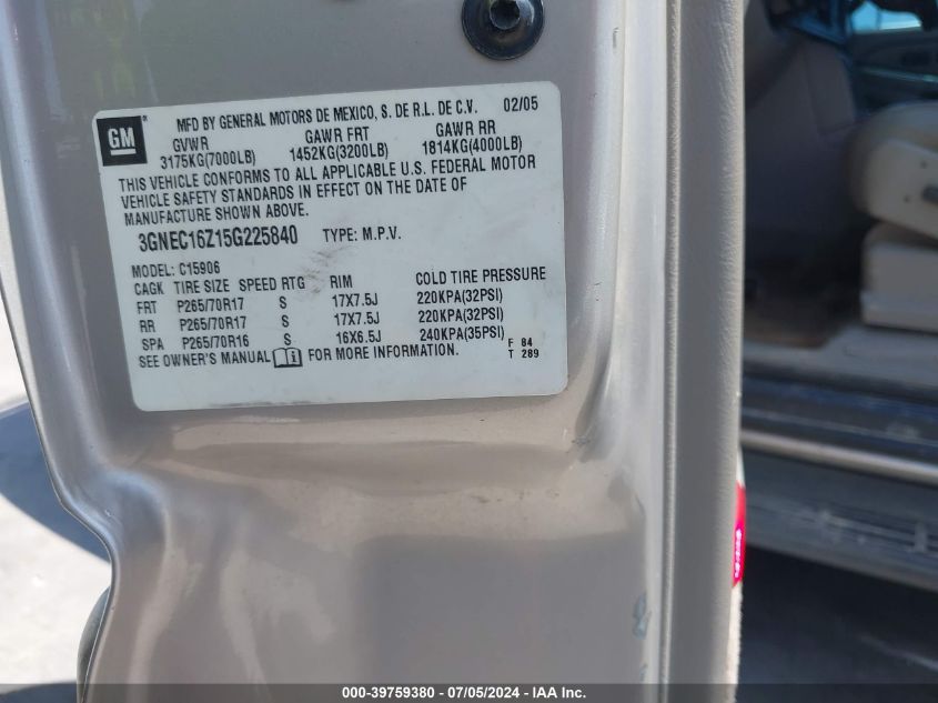 2005 Chevrolet Suburban 1500 Lt VIN: 3GNEC16Z15G225840 Lot: 39759380