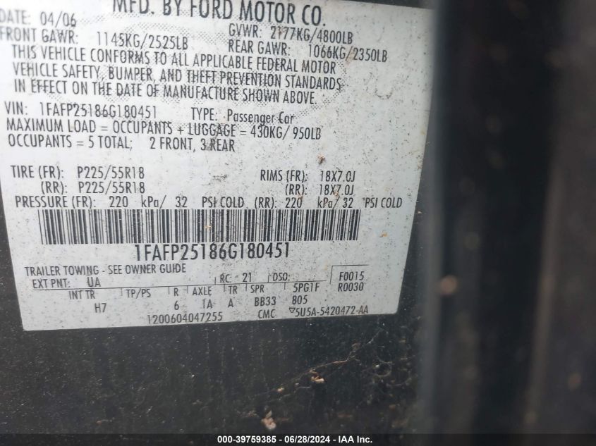 2006 Ford Five Hundred Limited VIN: 1FAFP25186G180451 Lot: 39759385