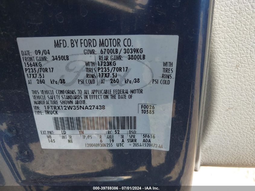 2005 Ford F-150 Stx/Xl/Xlt VIN: 1FTRX12W35NA27438 Lot: 39759386