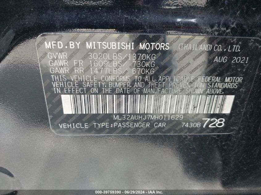 2021 Mitsubishi Mirage Carbonite Edition/Es/Le VIN: ML32AUHJ7MH011629 Lot: 39759390