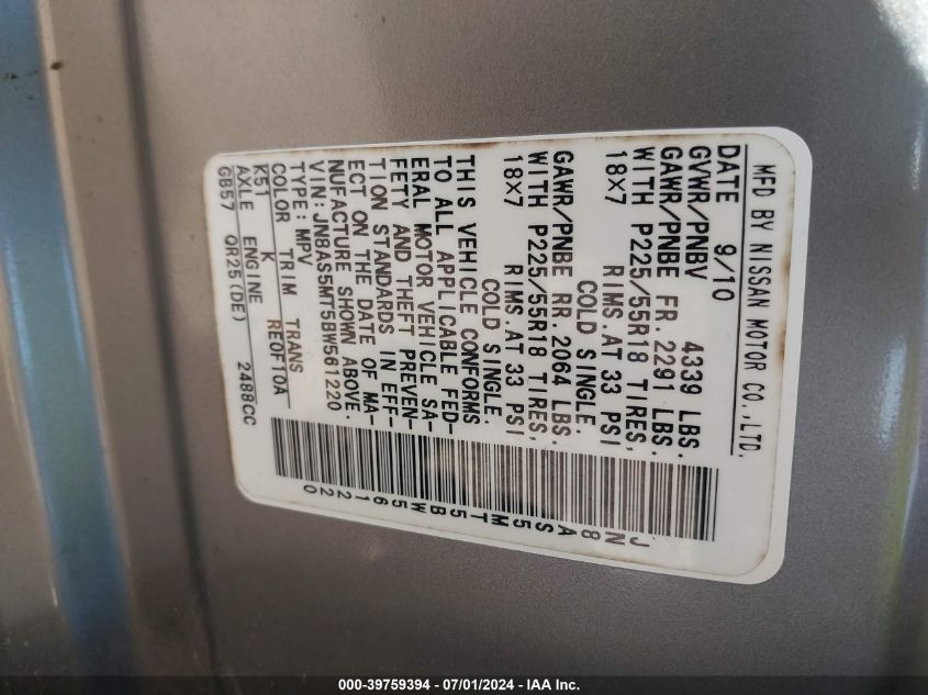 2011 Nissan Rogue Sv VIN: JN8AS5MT5BW561220 Lot: 39759394