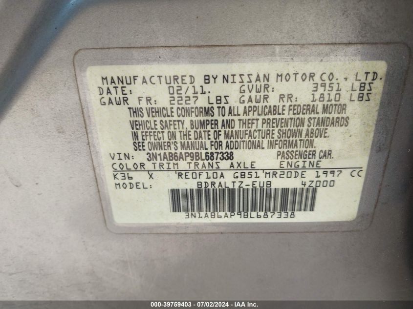 2011 Nissan Sentra 2.0S VIN: 3N1AB6AP9BL687338 Lot: 39759403