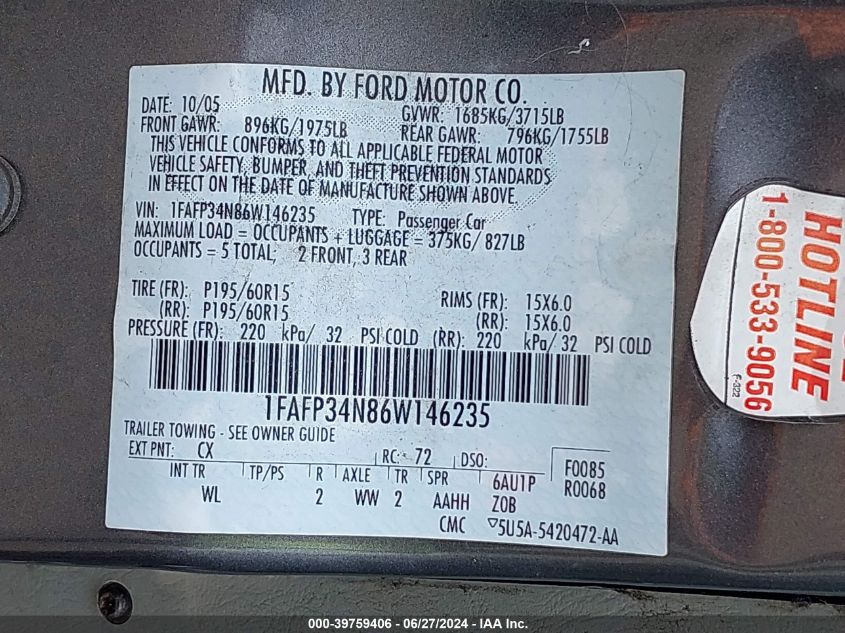 2006 Ford Focus Zx4 VIN: 1FAFP34N86W146235 Lot: 39759406