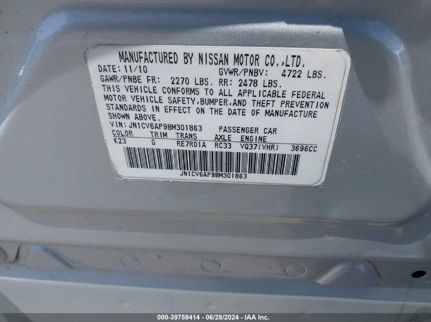 2011 Infiniti G37 Sport VIN: JN1CV6AP9BM301863 Lot: 39759414