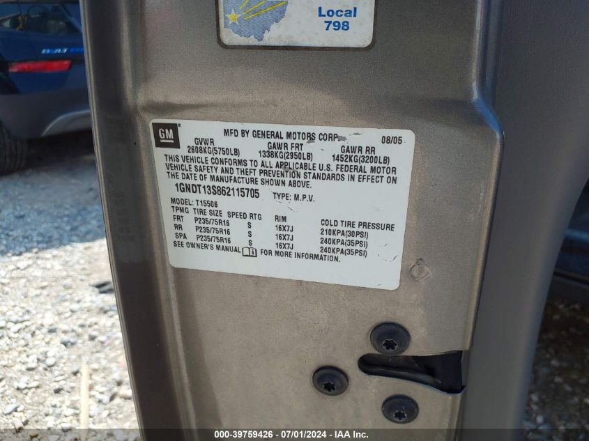 2006 Chevrolet Trailblazer Ls VIN: 1GNDT13S862115705 Lot: 39759426