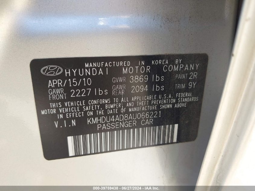 KMHDU4AD8AU066221 2010 Hyundai Elantra Gls