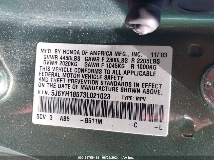 2003 Honda Element Ex VIN: 5J6YH18573L021023 Lot: 39759439