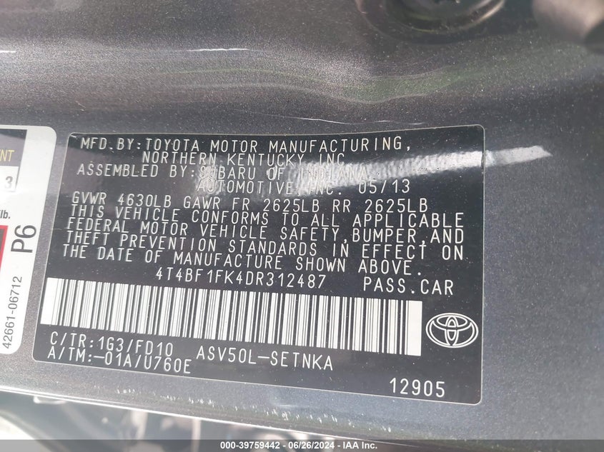 2013 Toyota Camry Le VIN: 4T4BF1FK4DR312487 Lot: 39759442